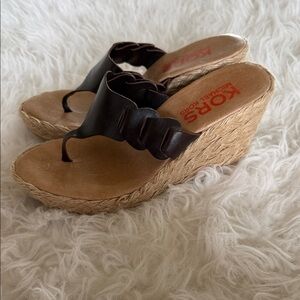 KORS Michael Kors Dark Brown Leather Espadrille Wedge Sandals
